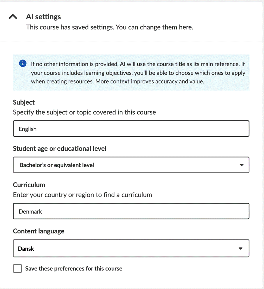 AI Settings panel showing Subject, Student age or educational level, Curriculum, and Content language fields with a Save these preferences for this course checkbox
