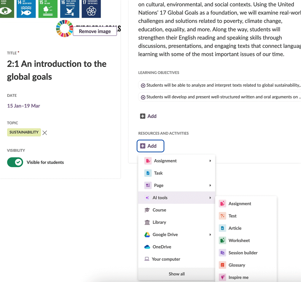The Add menu inside a plan with the AI tools submenu expanded, showing Assignment, Test, Article, Worksheet, Session builder, Glossary, and Inspire me