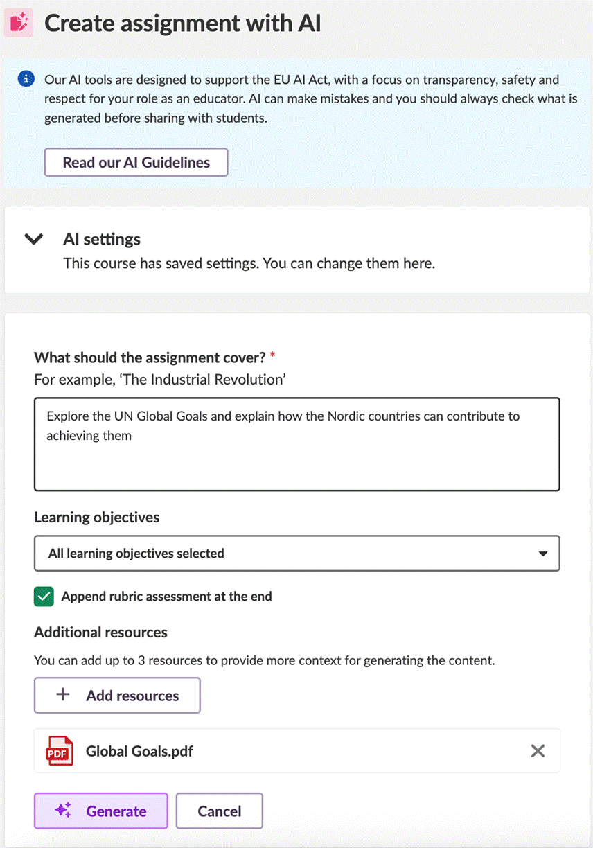 The Create assignment with AI dialog with prompt field, Learning objectives dropdown, Append rubric assessment at the end checkbox, Additional resources area with an uploaded PDF, and Generate and Cancel buttons