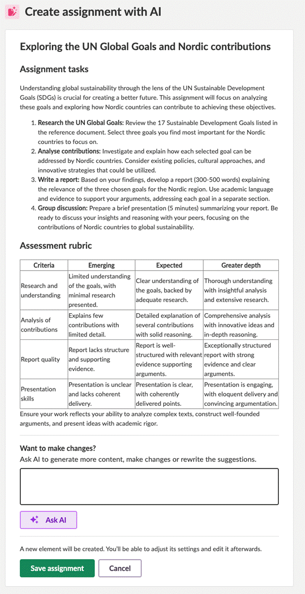 The Create assignment with AI review screen showing the generated assignment tasks, an Assessment rubric table, the Ask AI prompt box for changes, and the Save assignment button