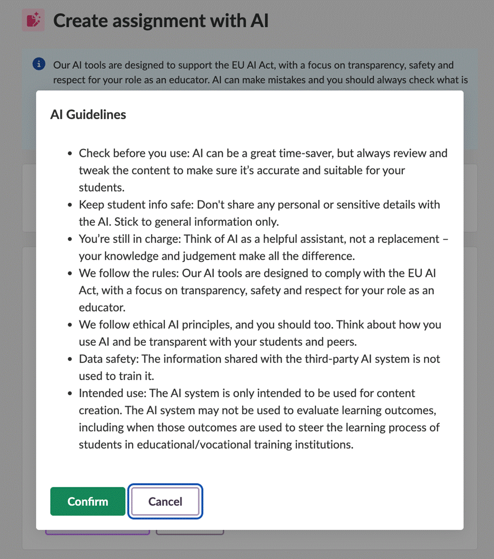 The AI Guidelines dialog with Confirm and Cancel buttons, shown the first time a teacher opens an AI tool