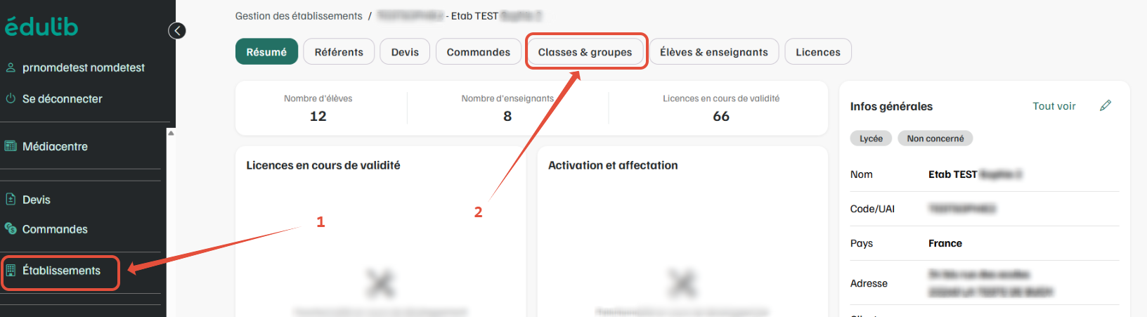 Etablissement - onglet Classes et groupes