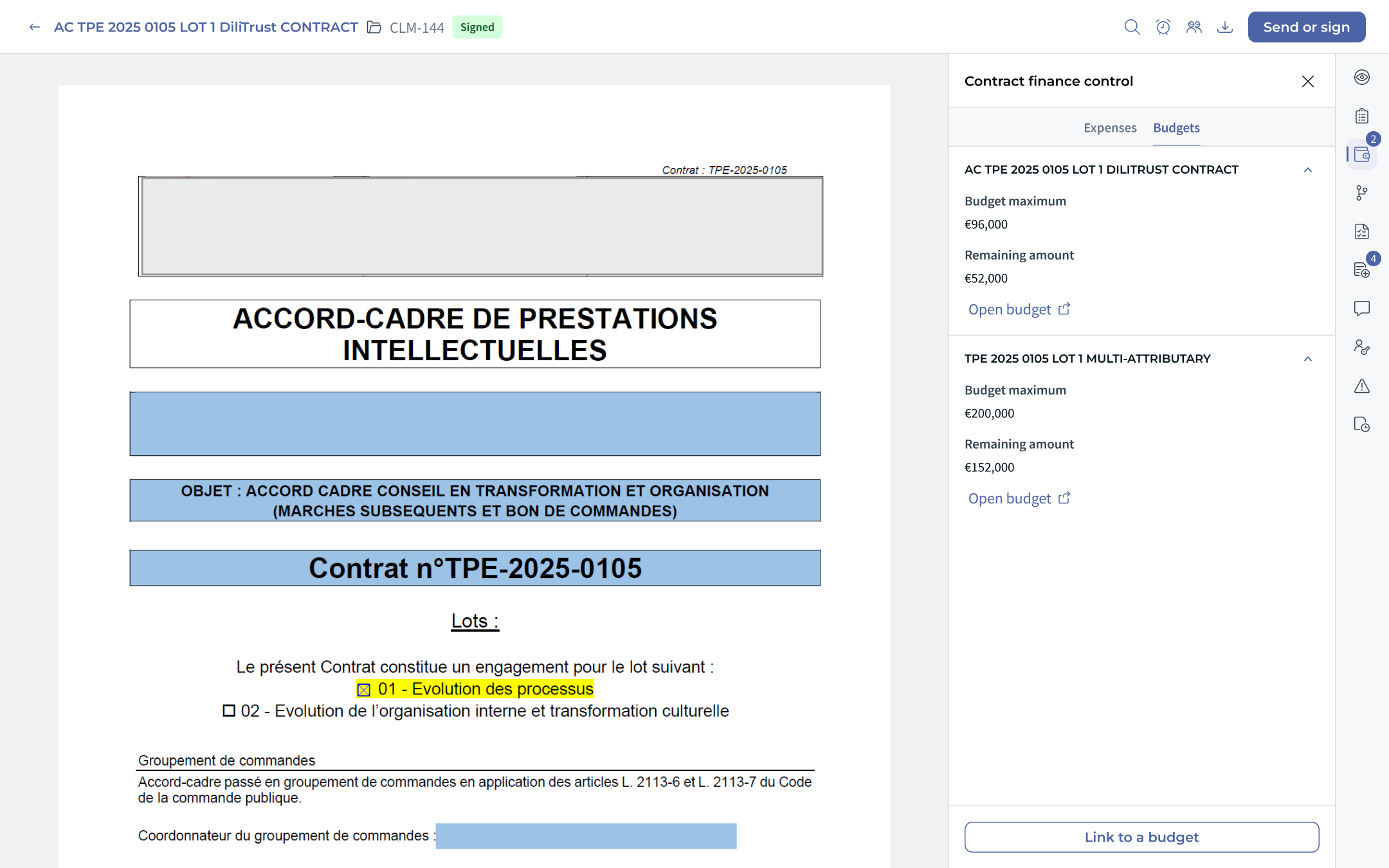 Figure 8 — Budgets tab: list of all budgets the document is linked to (Budget maximum, Remaining amount, « Open budget » link). A document can be linked to several budgets.