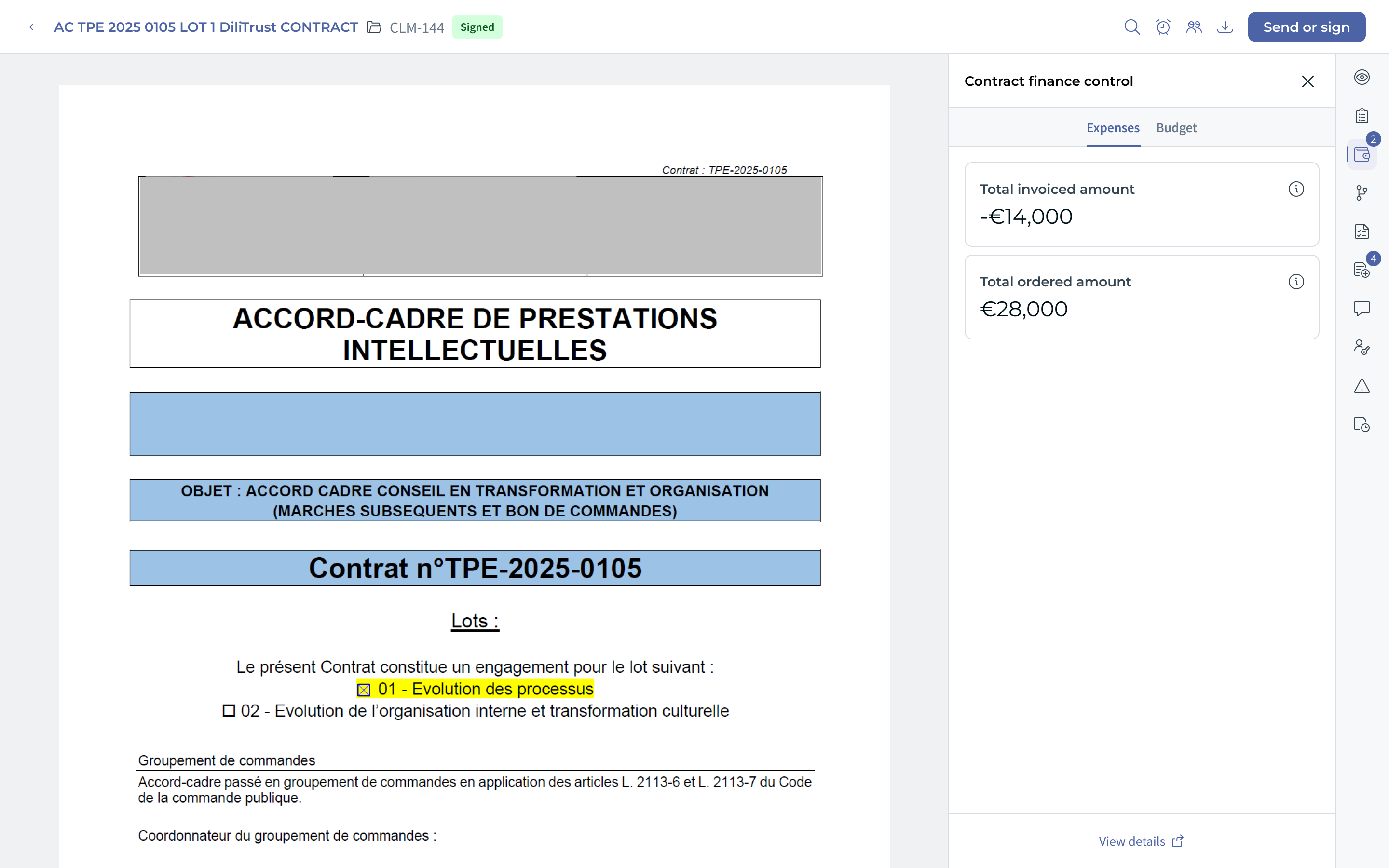 Figure 9 — Expenses tab of the Contract finance control panel: Total invoiced amount and Total ordered amount for the document (or for the whole bundle if the document is a parent). The View details link opens the full consolidated Expenses page (see Figure 7).