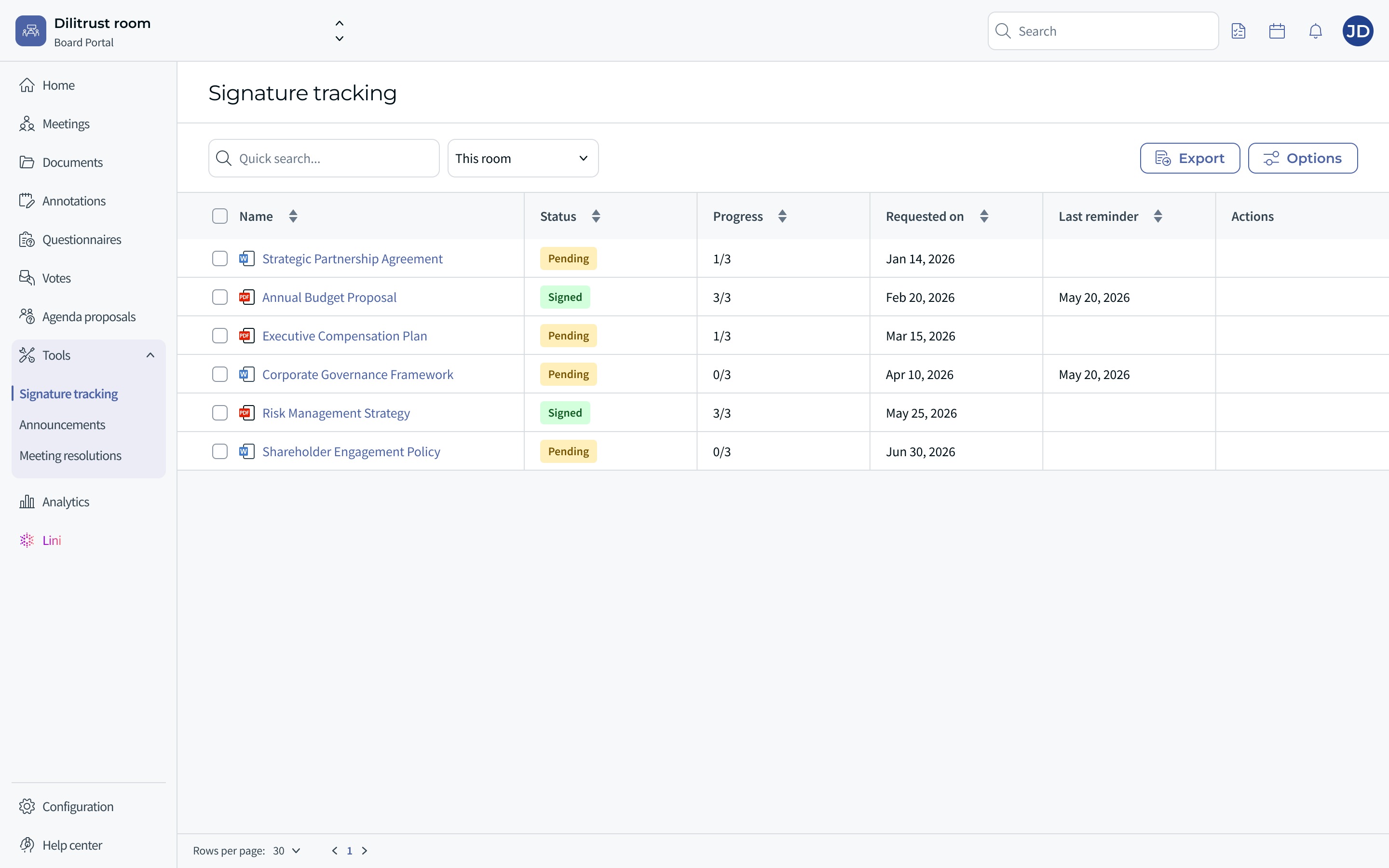 Signature Tracking view in Board Portal — temporary Figma image, replace before publication