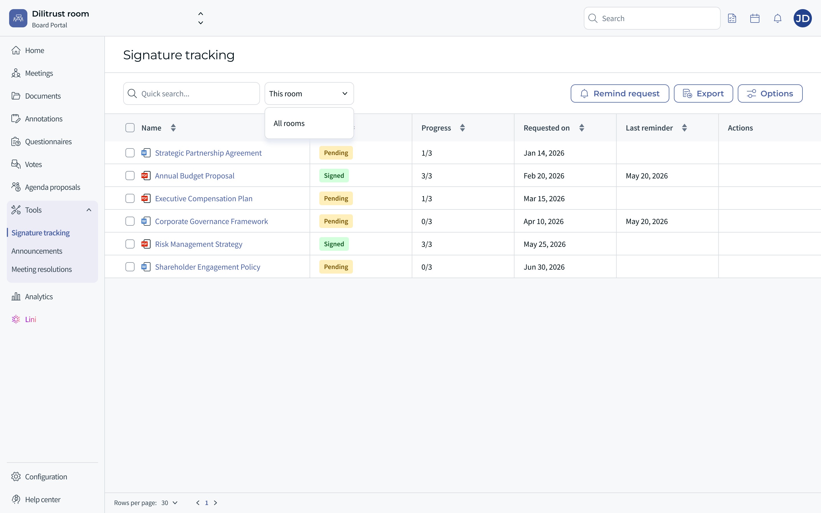 Room selector on the Signature Tracking view — temporary Figma image, replace before publication