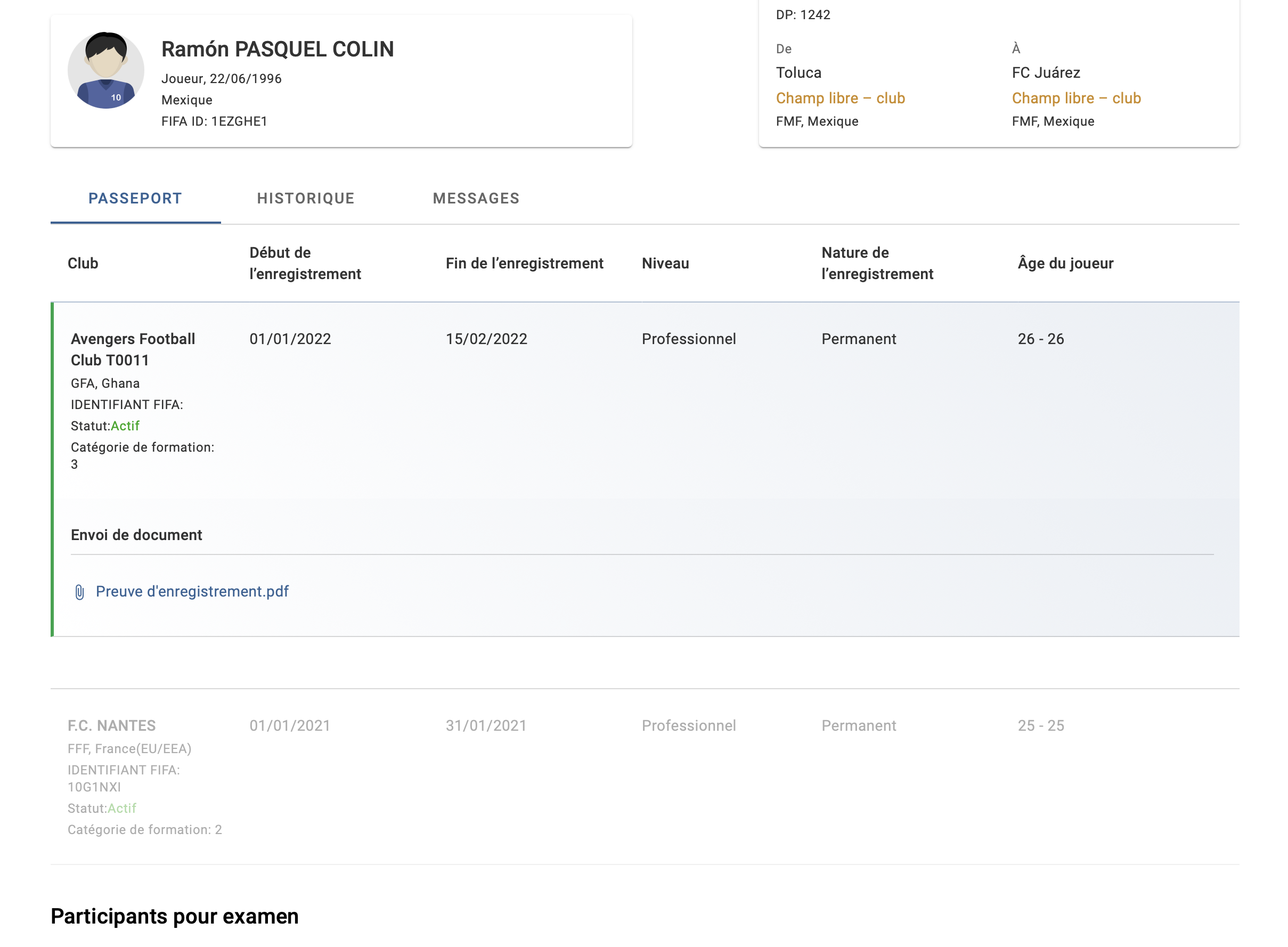 Enregistrement du passeport électronique de joueur mis en évidence après ouverture de la notification