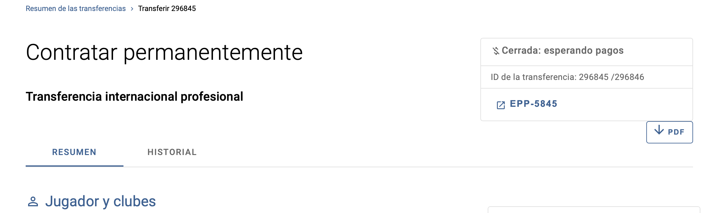 Botón PDF en la instrucción de transferencia