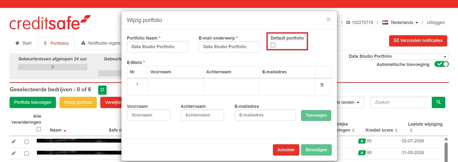 Monitoring - selecteer standaard / default portfolio