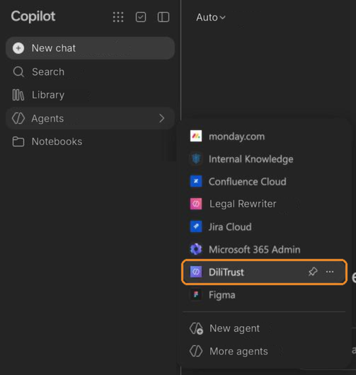 DiliTrust agent in the Microsoft 365 Copilot agents list
