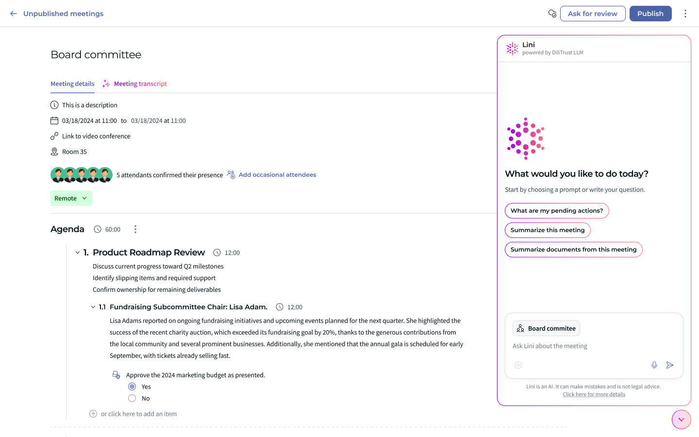 Lini in compact mode on a Board Portal meeting, with suggested prompts for the meeting