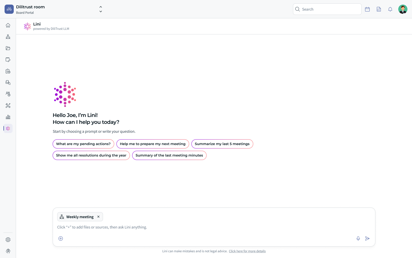 A meeting attached as a source in the Lini message box