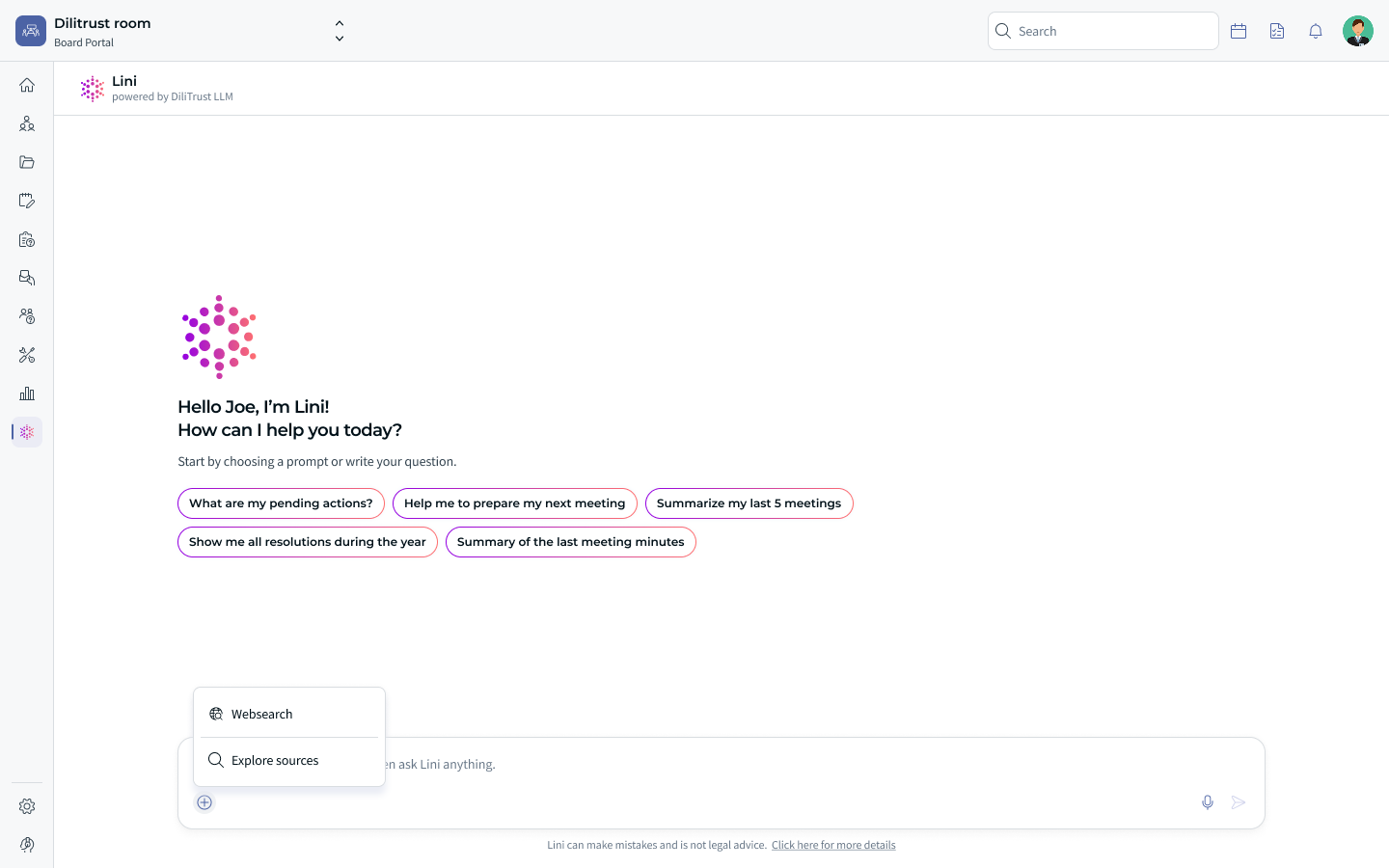 The + menu in the Lini message box, with the Websearch and Explore sources options