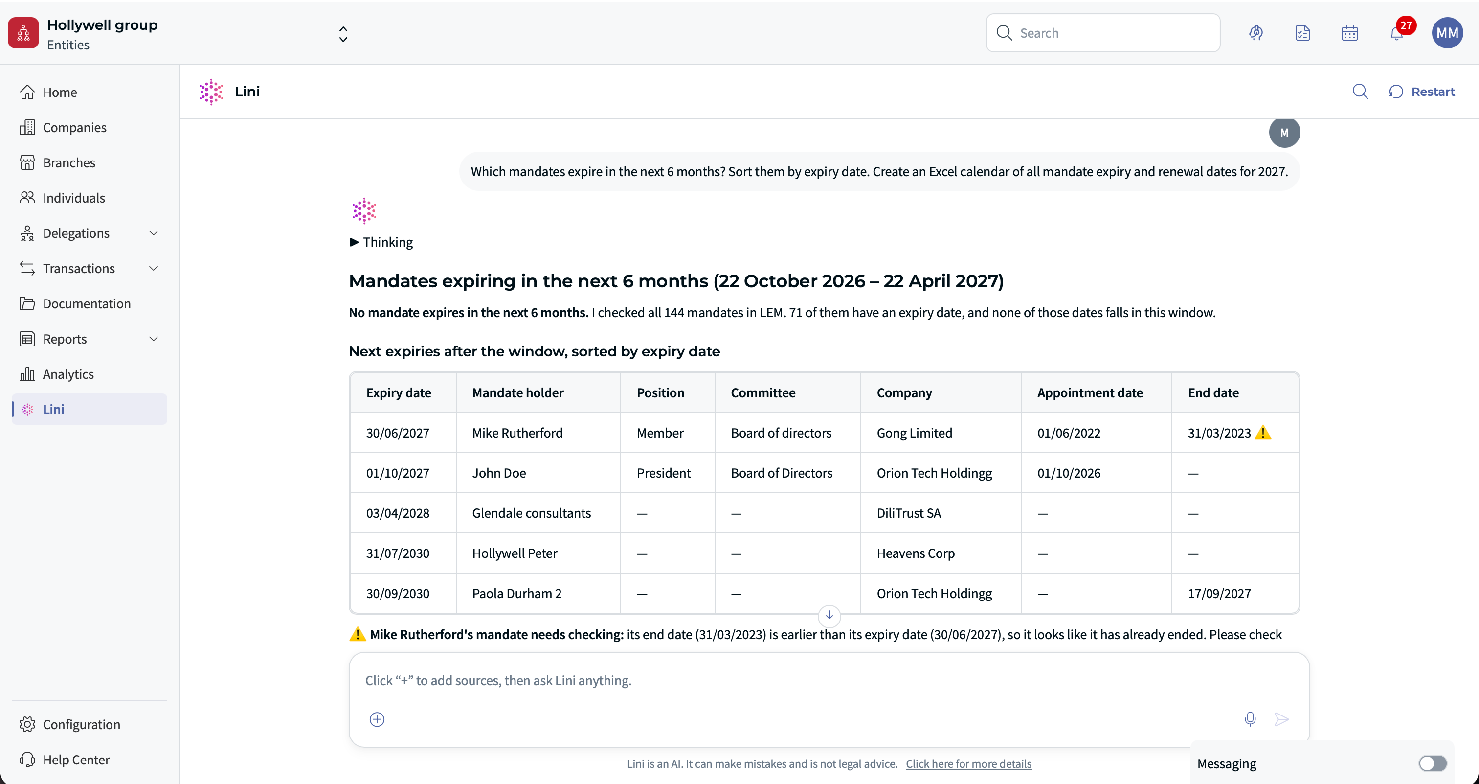 Legal Entity Management: Excel tracker requested from Lini