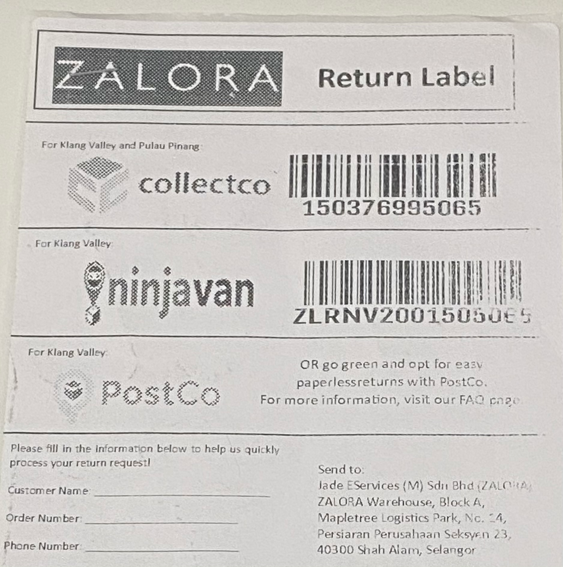 Grab Delivery x Ninja Van Return Pick Up Service Zalora