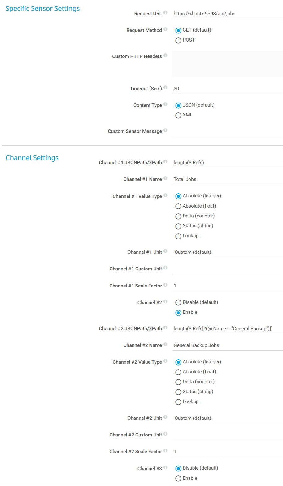 Sensor settings example for Veeam Backup & Replication