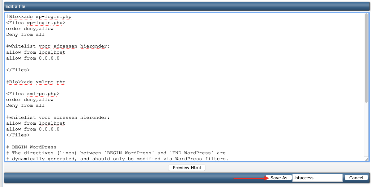 .htaccess gebruiker met een blokkade van de wp-admin.