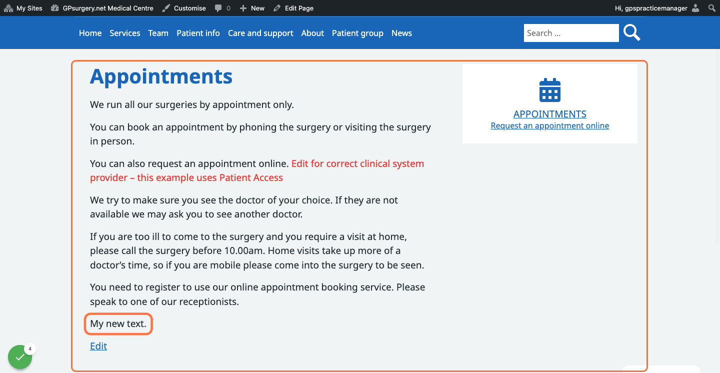 The published Appointments page, with the phrase 'My new text.' now visible