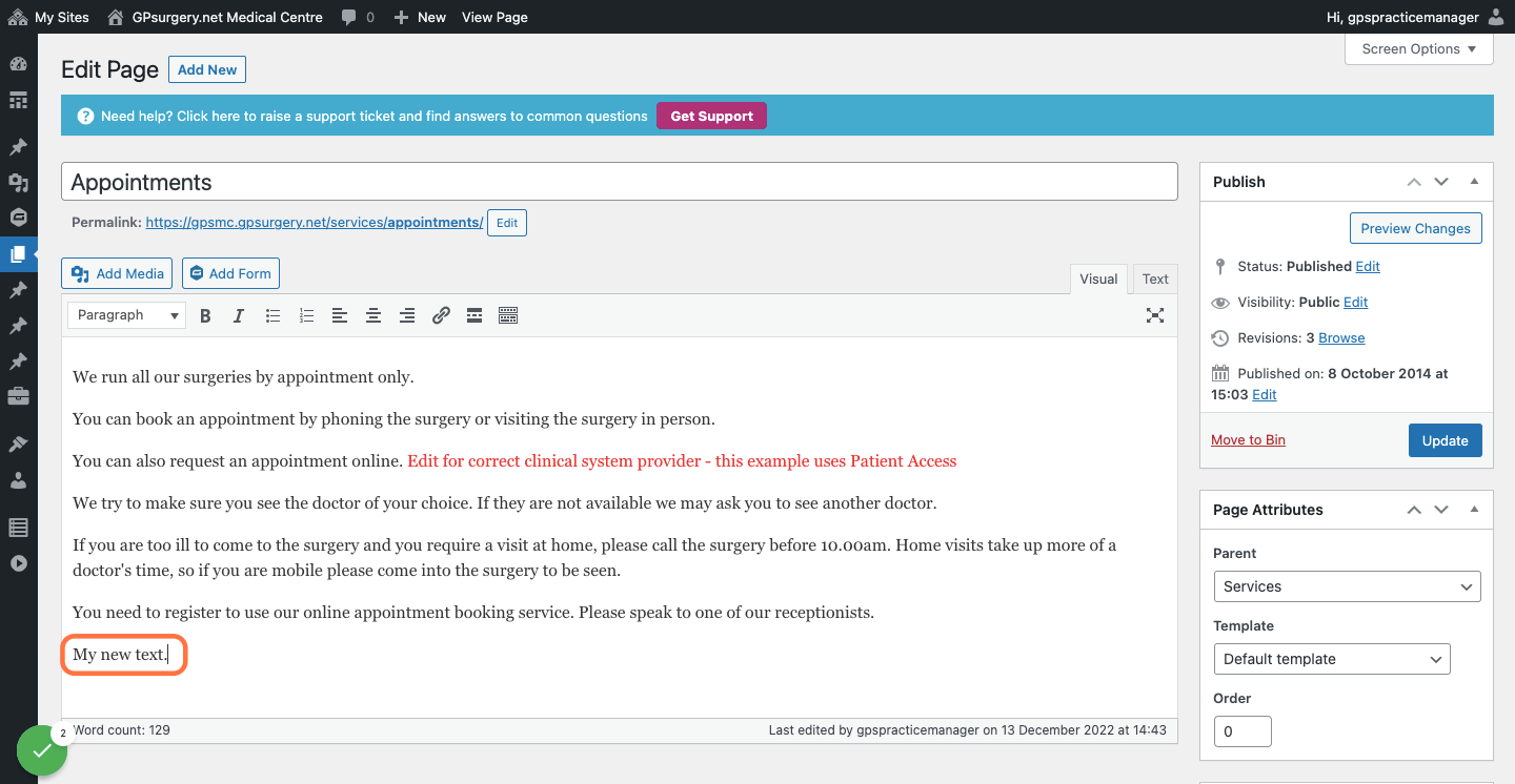 The page editor, with 'My new text.' added to the central box.