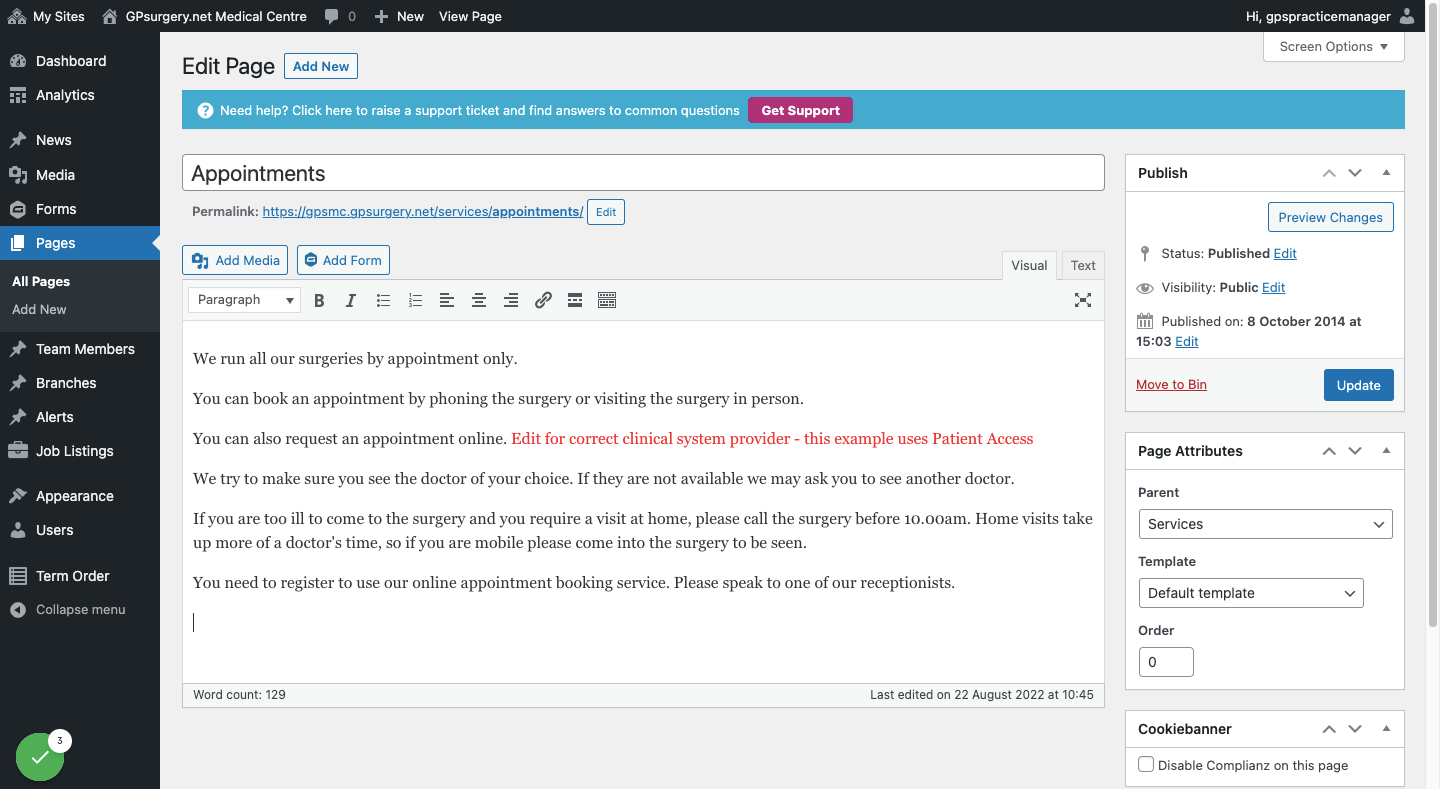 Screenshot showing the page editor