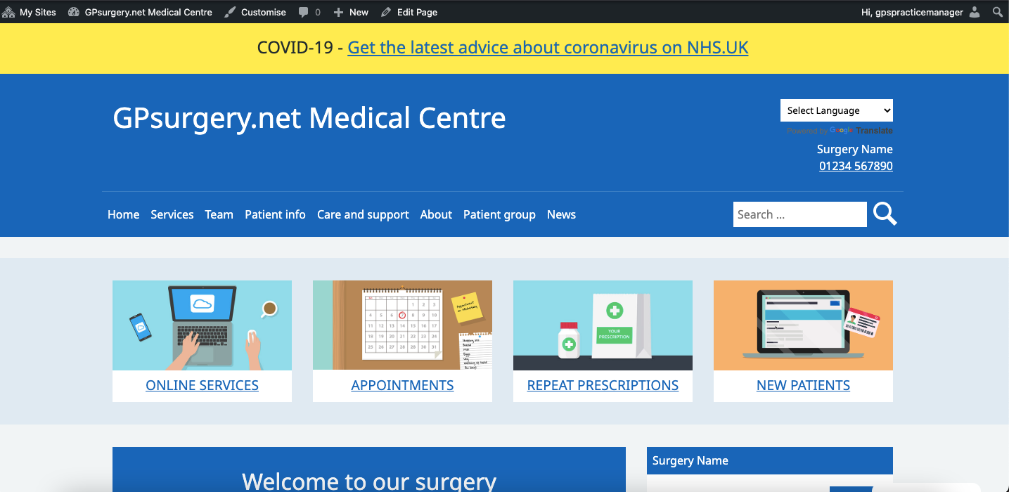 The homepage of a GPsurgery.net website, with the admin toolbar visible at the top of the screen.