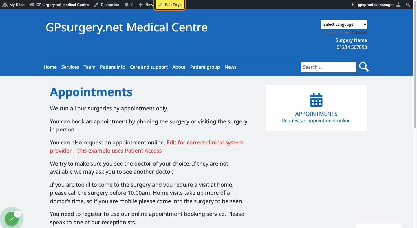 Screenshot showing the edit page button in the toolbar.