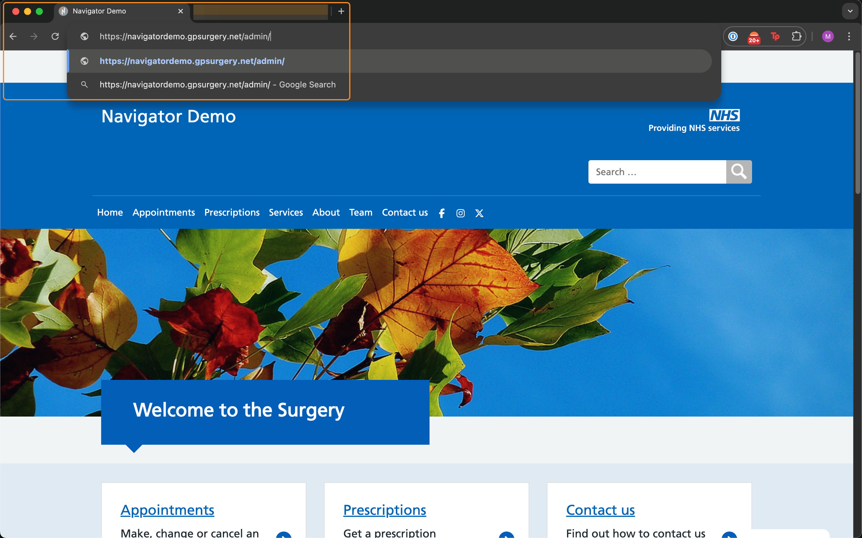 The address bar of a browser, with /admin added to the end of the website address.