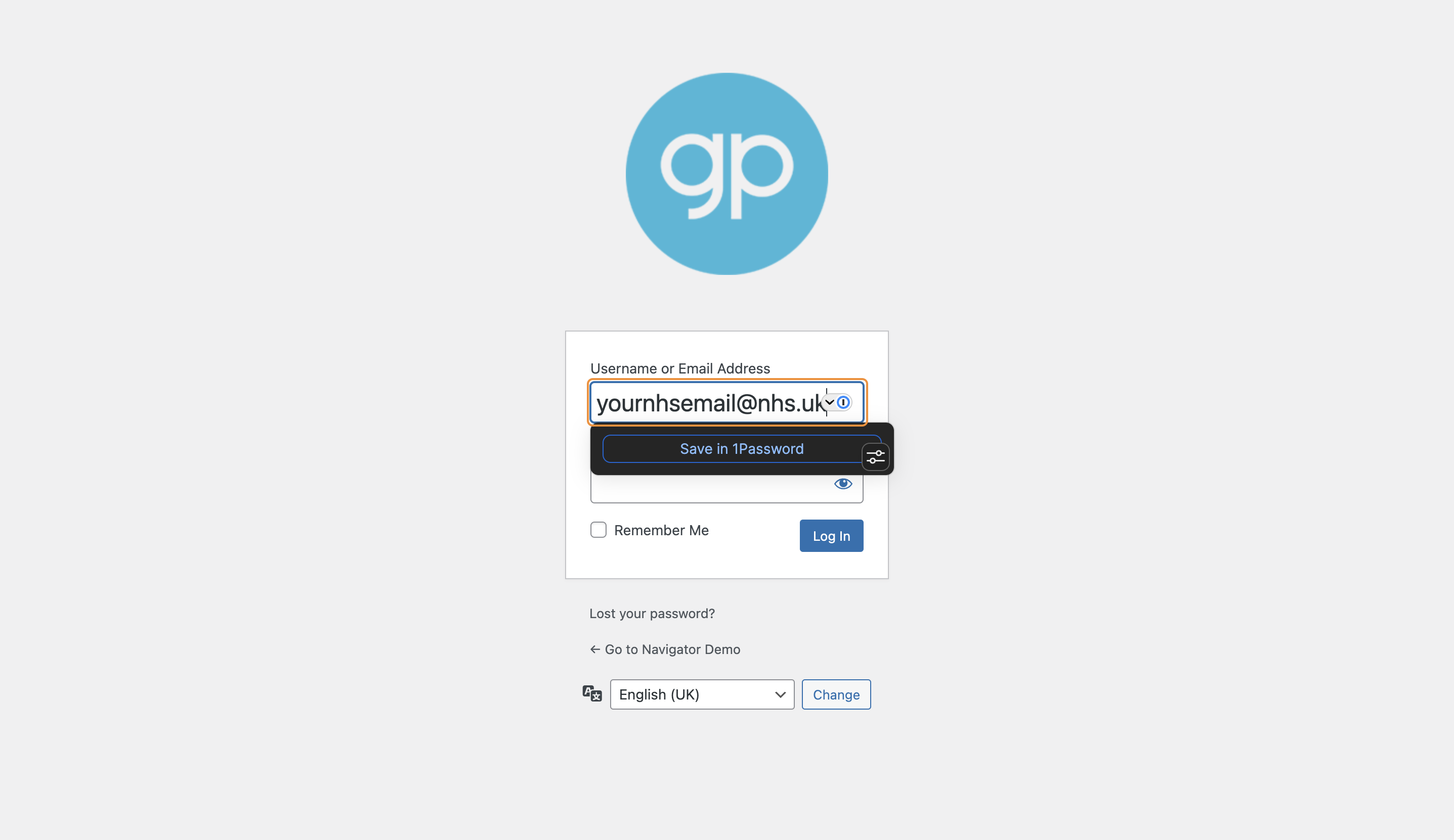 The Log In screen with an NHS email address typed into the Username or Email address box.
