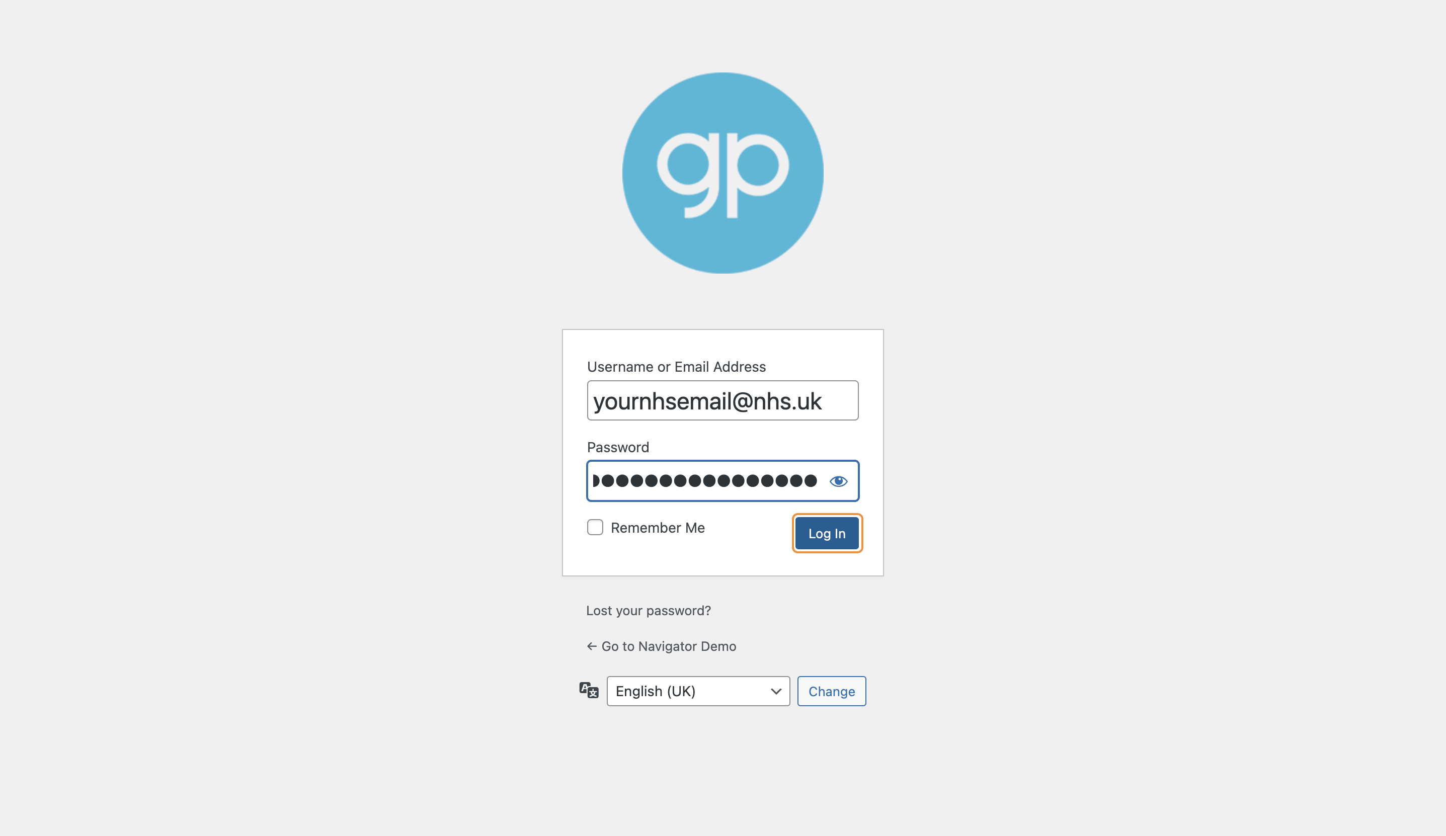 The Log In button selected