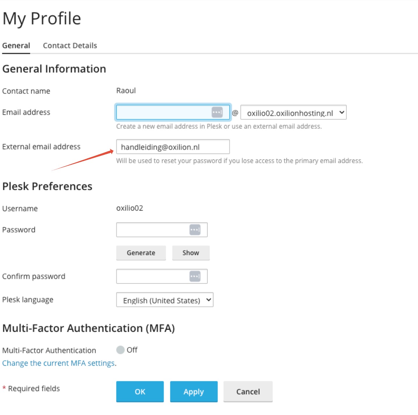 Profile menu met instructie hoe e-mail adres te wijzigen