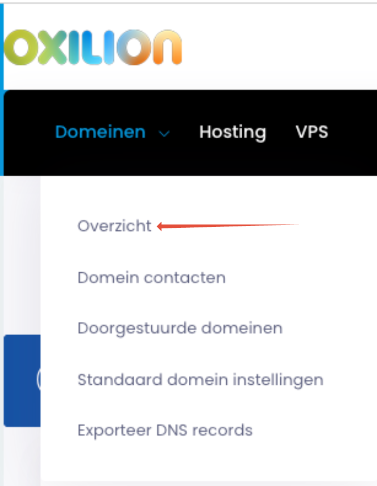 Oxilion menu, pointer wijzend op overzicht.