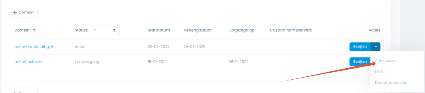 Domein menu mijn.oxilion.nl, wijzer op Anti-Spam