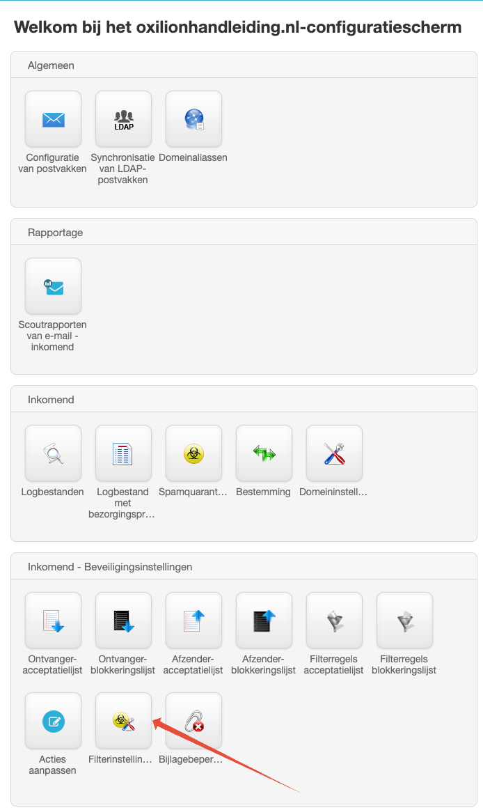Spamfilter hoofdmenu, pijler wijzend op filterinstellingen.