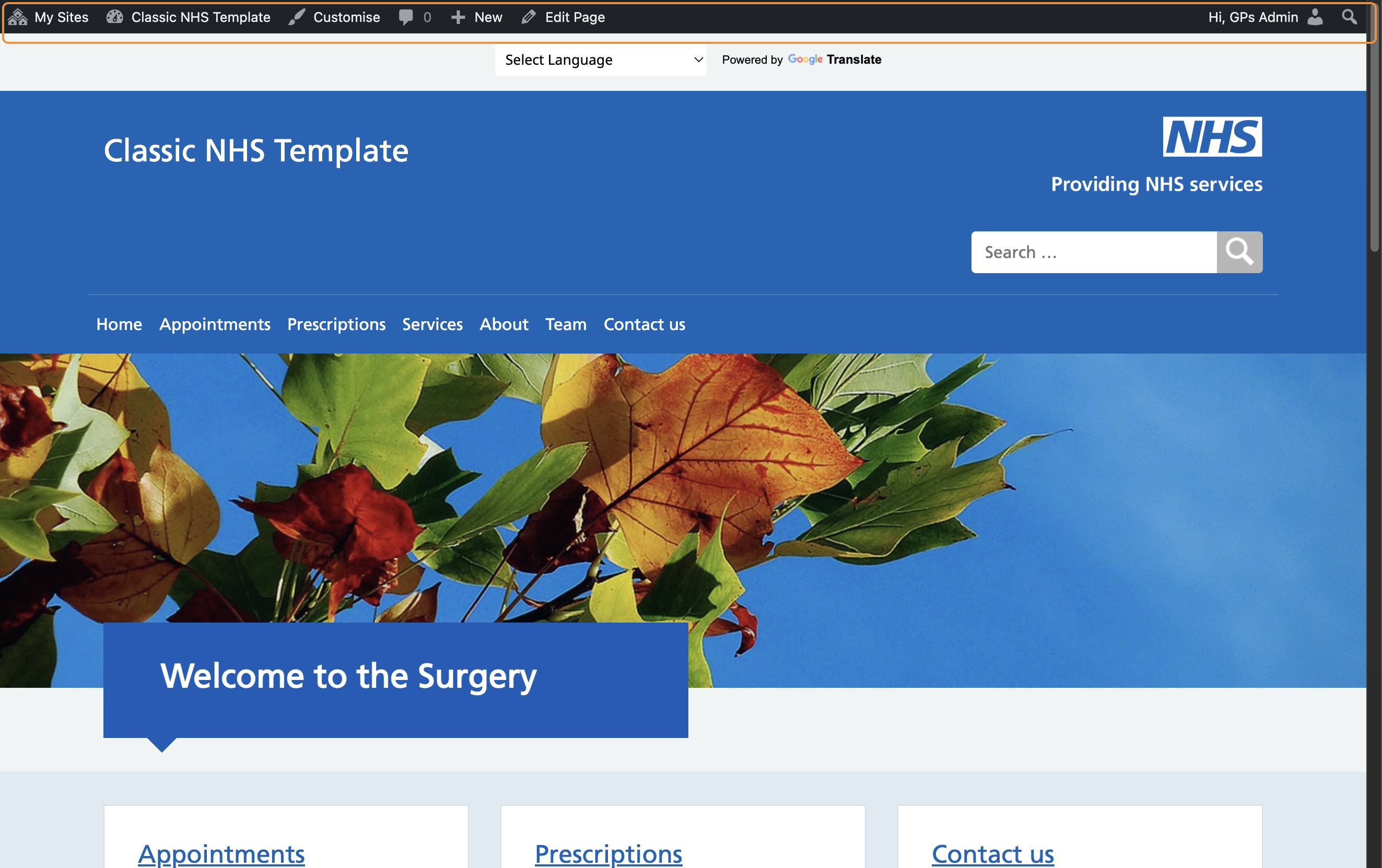 The homepage of a GPsurgery.net Flexi website with the admin toolbar showing at the top of the screen.