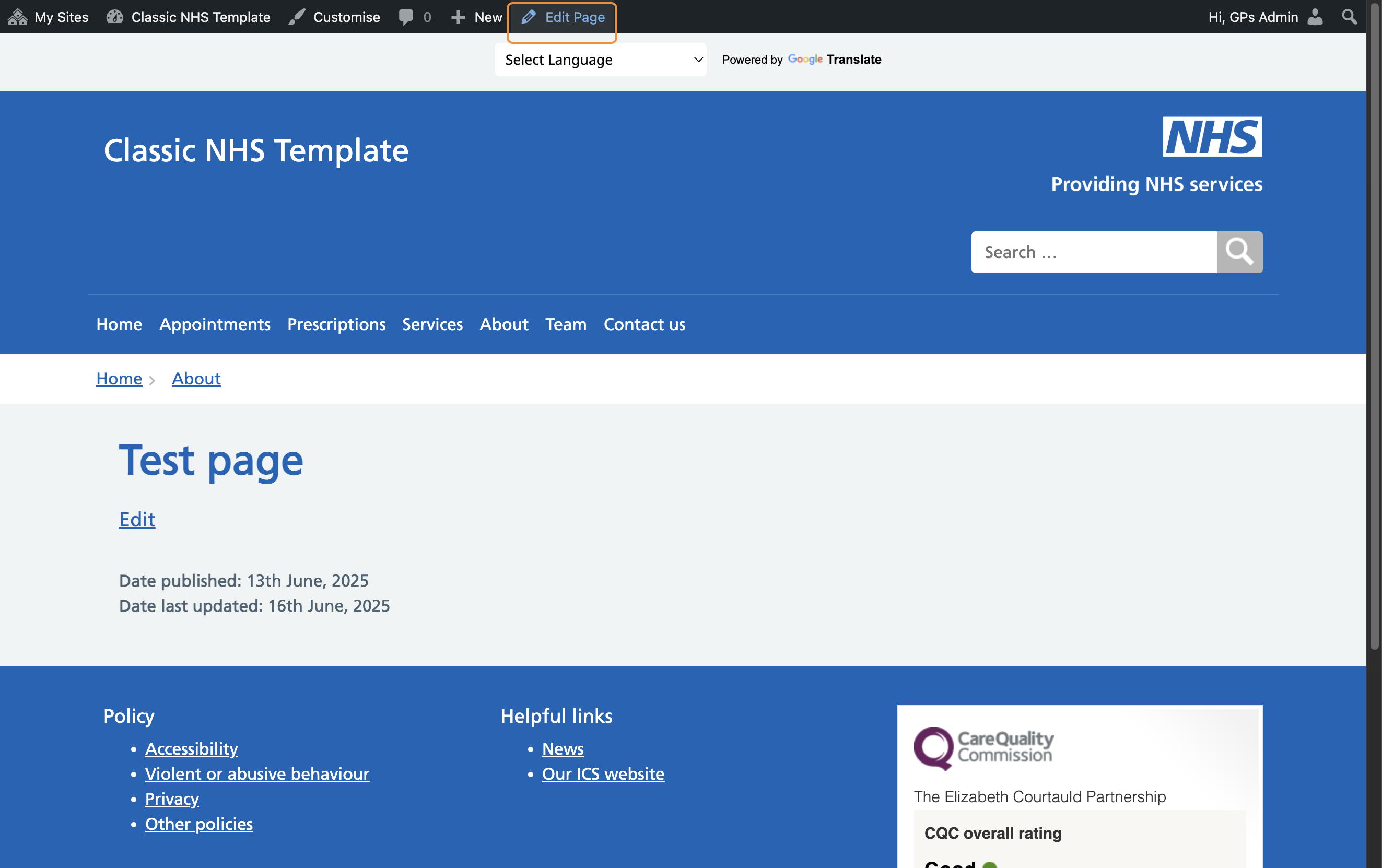 A page on the website, with the Edit Page link selected.