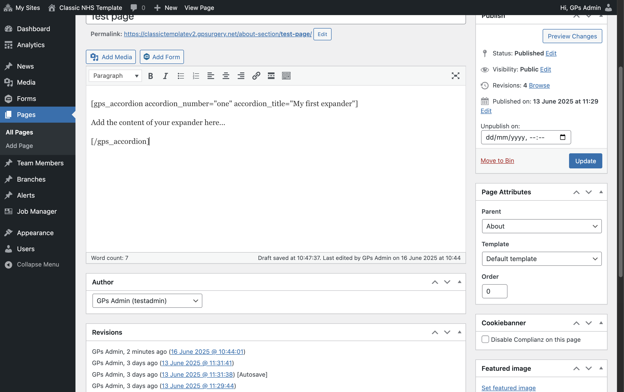 The editor with [/gps_accordion] pasted in below the new content