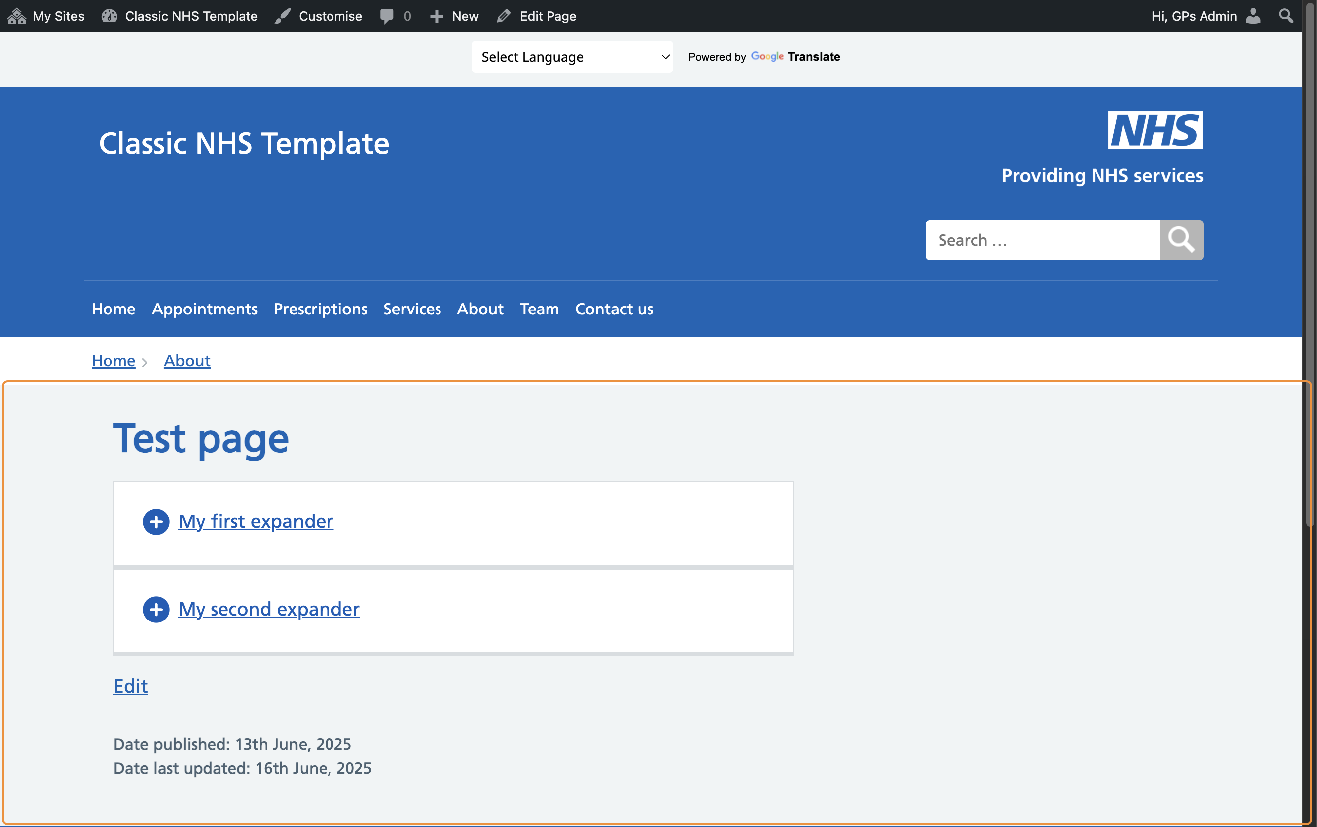 The published page with two expanders.