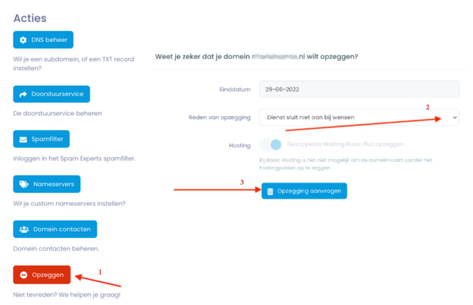 Instructies voor het in opzegging zetten van een domeinnaam
