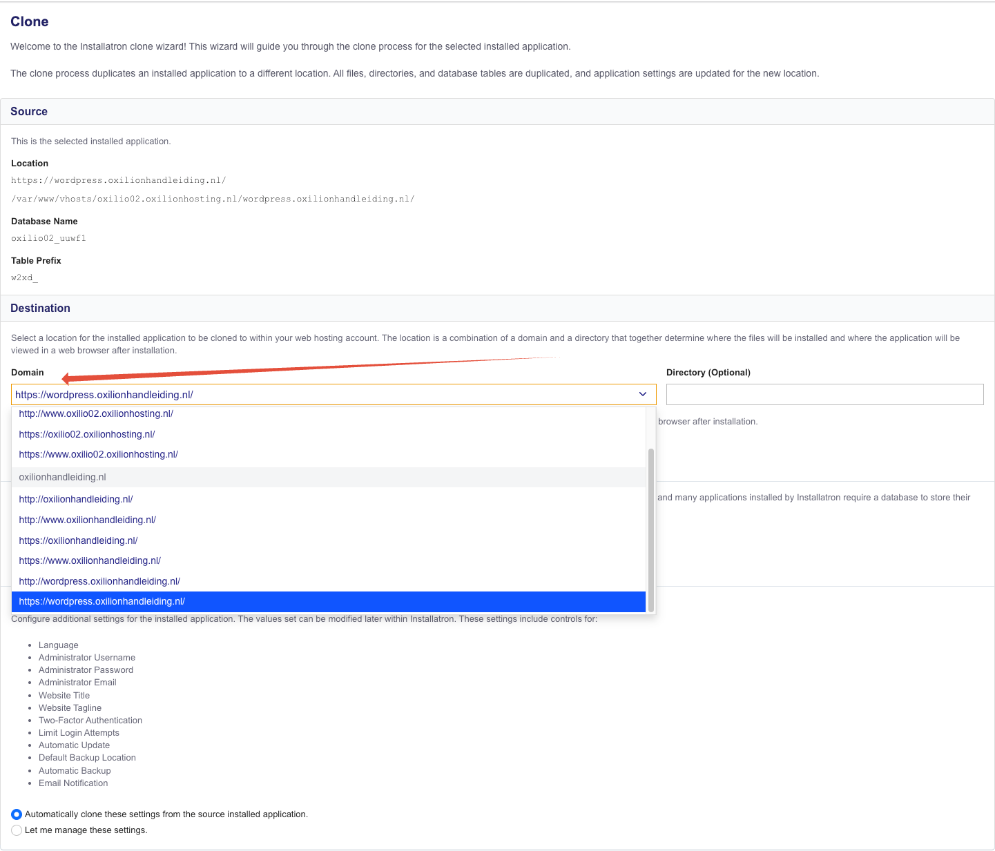 Clone menu, wijzer op doel domein adres.