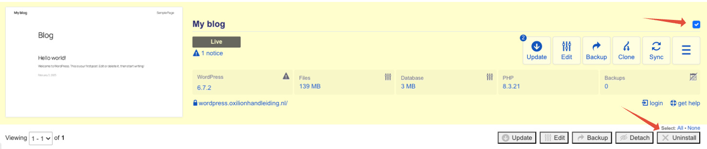 Installatron menu, pointer op checkbox en Uninstall