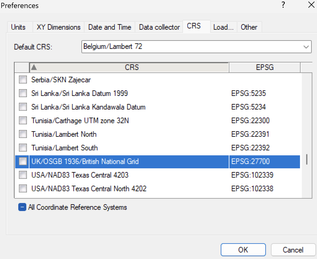 Preferences > CRS tab