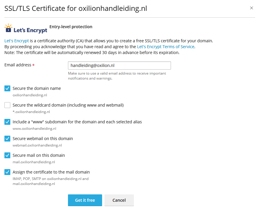 Lets Encrypt Instellingen voordat je deze installeert.