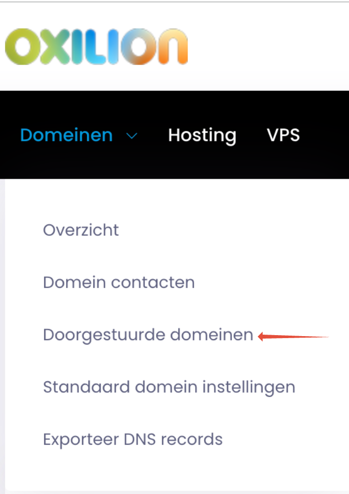 Domeinen menu pointer naar Doorgestuurde domeinen.