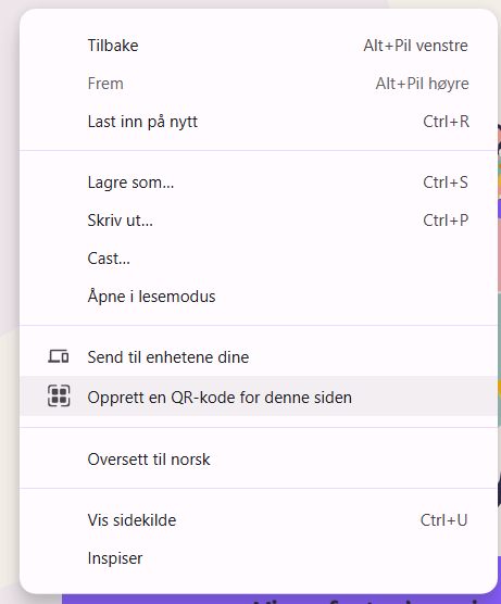 Chrome: høyreklikk-meny med valget Opprett QR-kode for denne siden