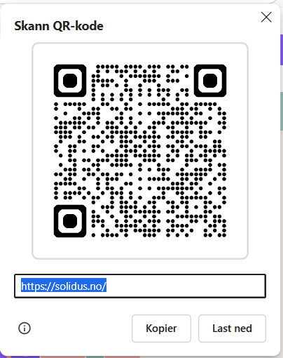 Edge: QR-kode-dialog med valg for kopiering og nedlasting