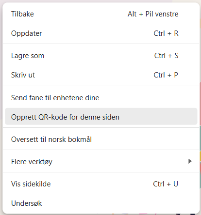 Edge: høyreklikk-meny med valget Opprett QR-kode for denne siden