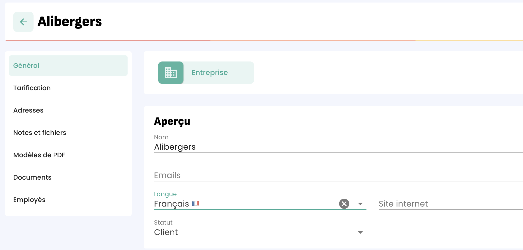 Fiche client avec "Langues des PDF" mis en avant