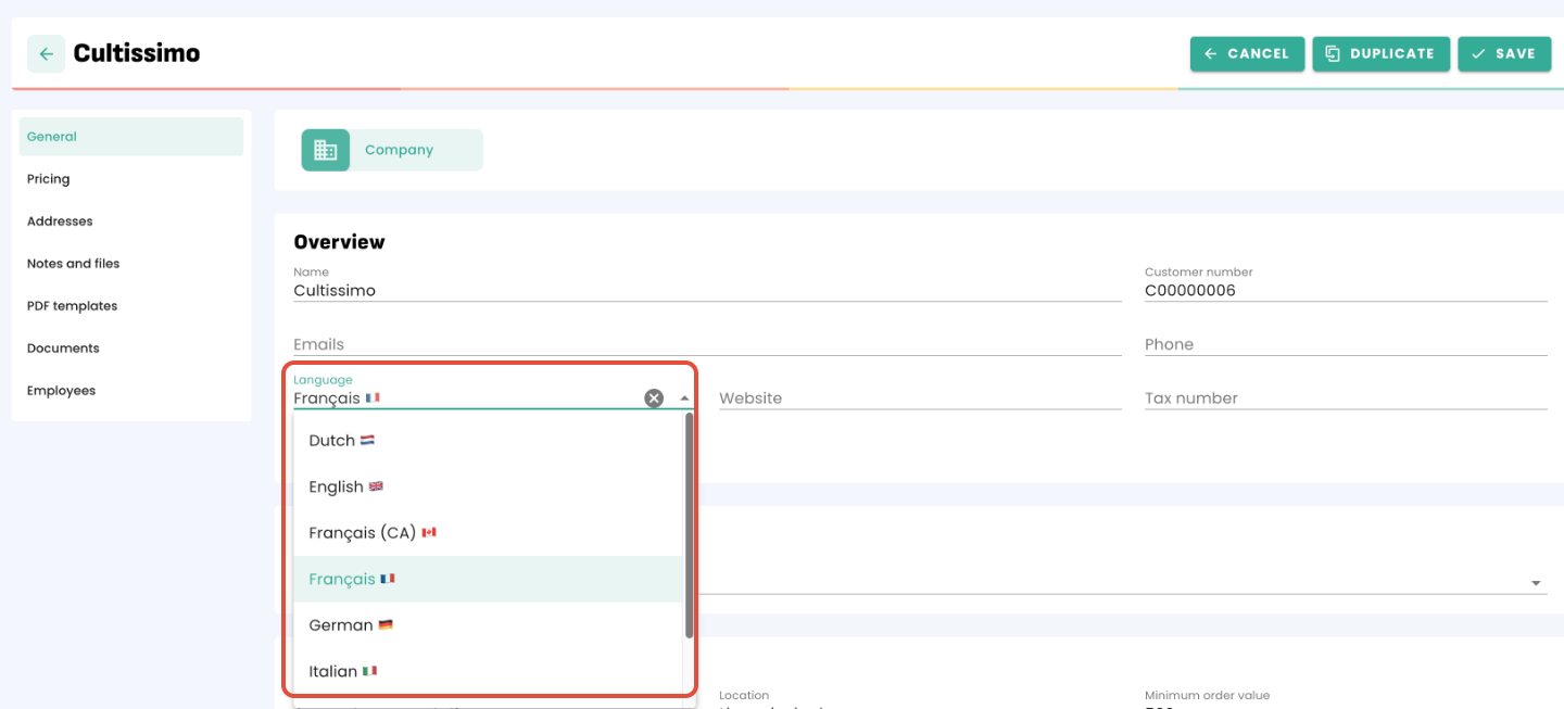 The "PDF Languages" field in a customer profile on Erplain.