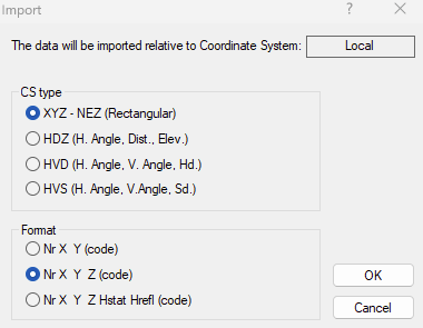 Select the coordinate system type and file format before importing.