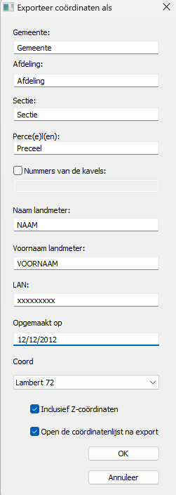 Cadmap > Exporteer lijst